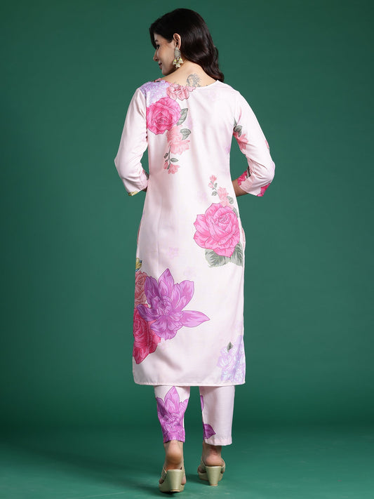 Women Peach Printed Straight Kurta Trousers Set - Taantav