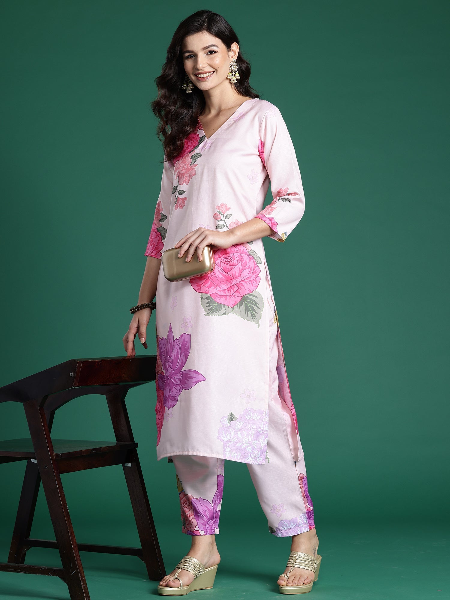 Indo Era Peach Printed Straight Kurta Trousers Set
