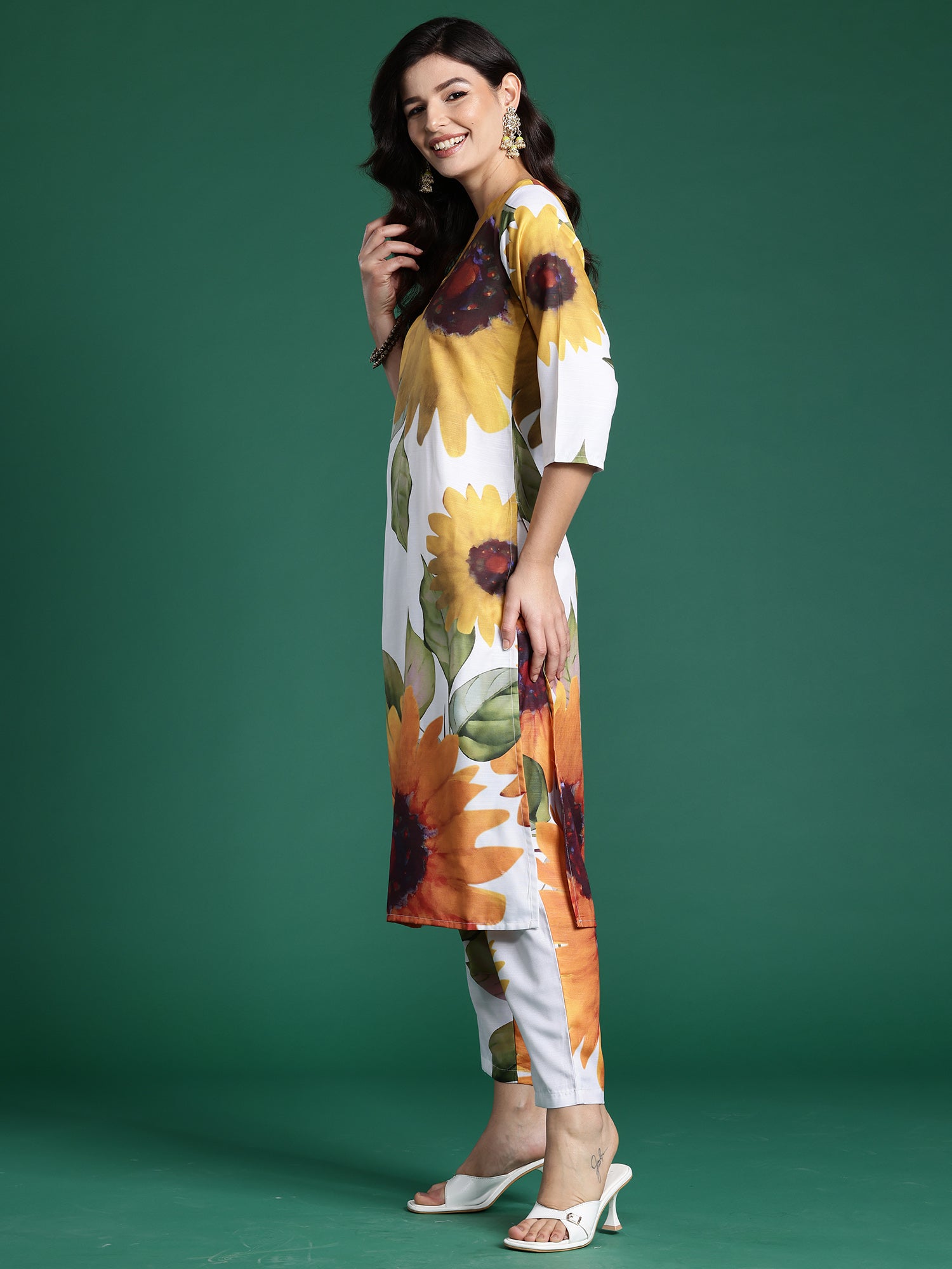 Indo Era Off White Printed Straight Kurta Trousers Set