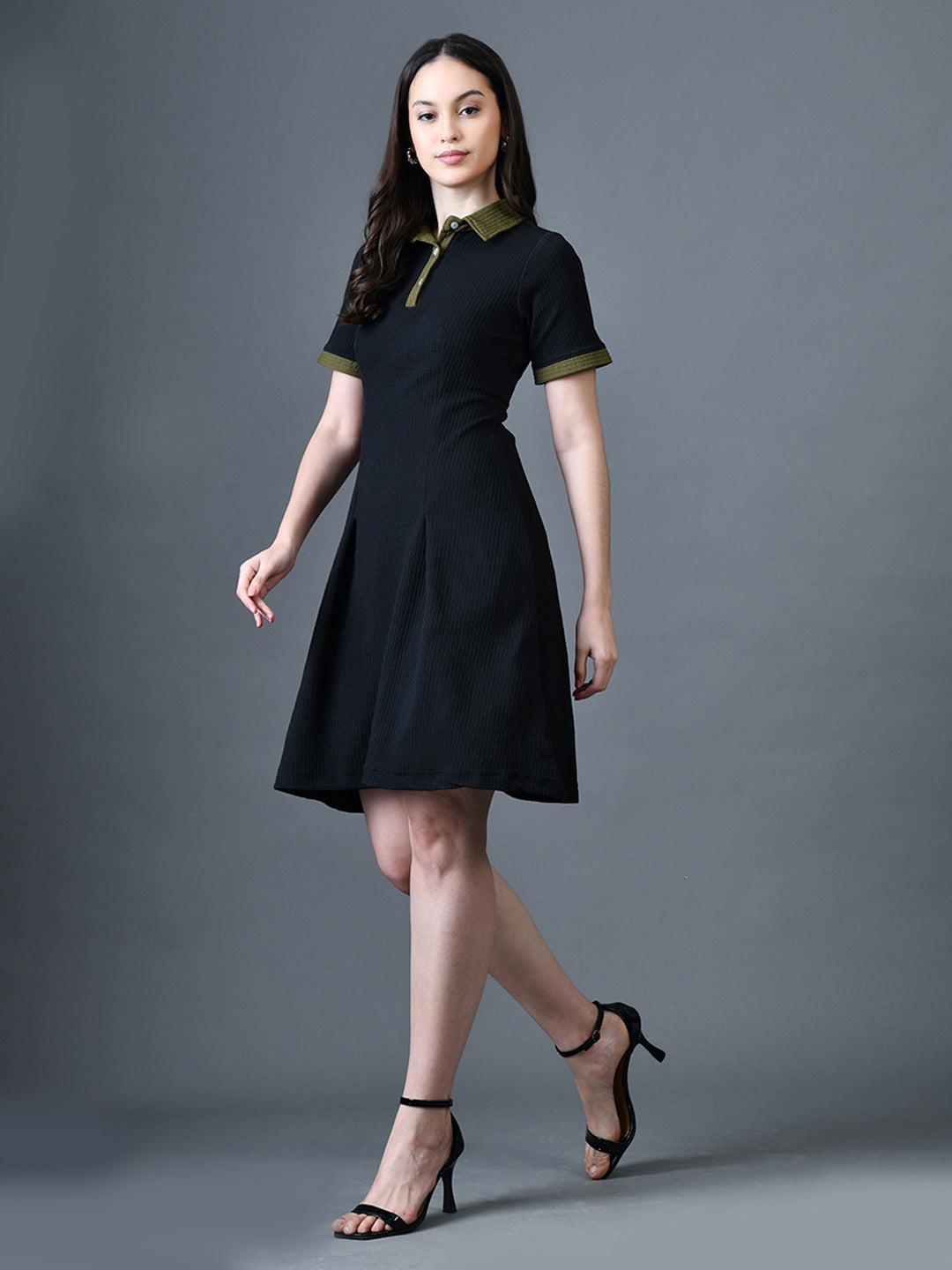 Myshka Women Black Polyester A-Line Shirt Collar Solid Above Knee Short Sleeves Dresses