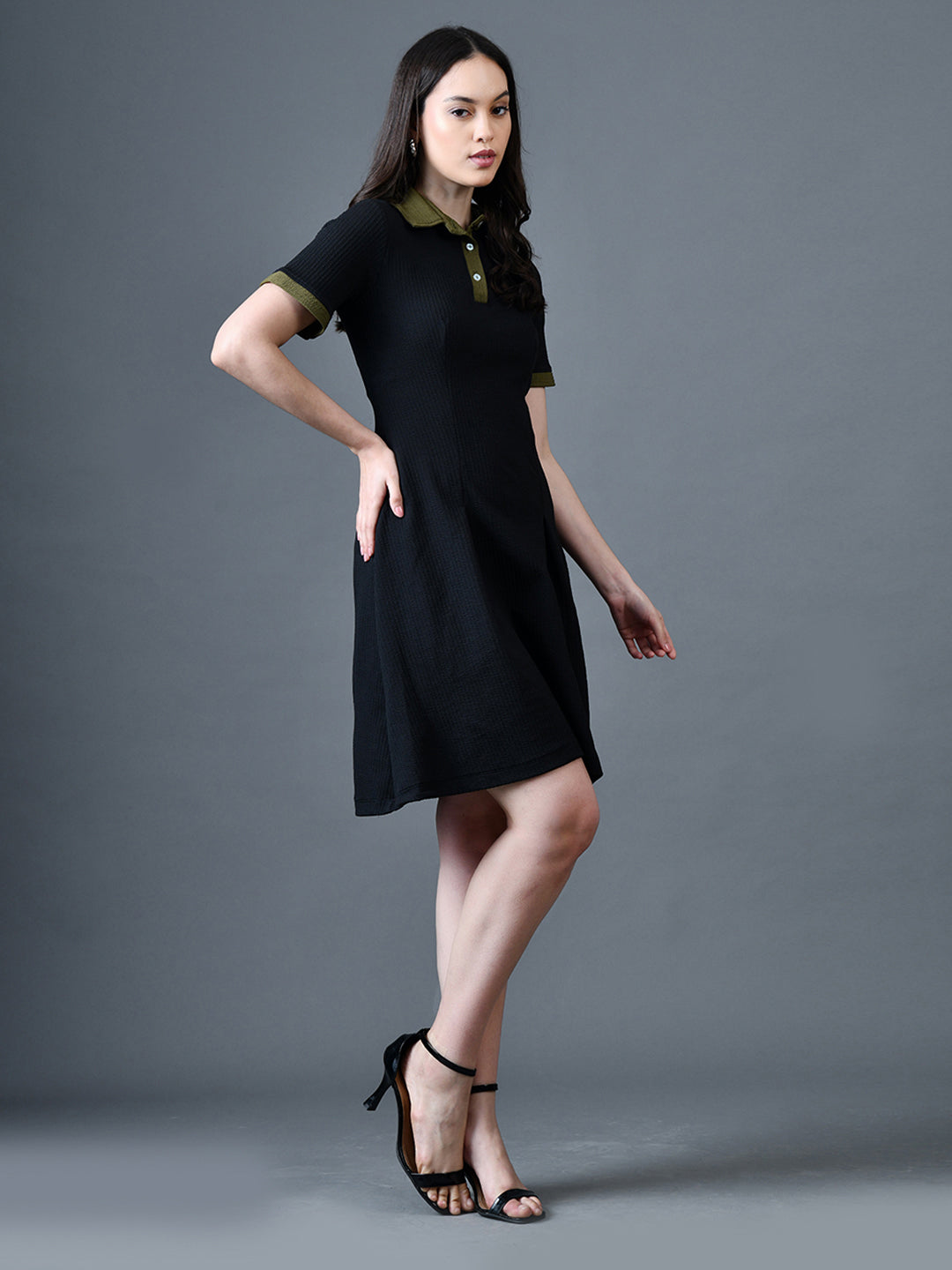 Myshka Women Black Polyester A-Line Shirt Collar Solid Above Knee Short Sleeves Dresses
