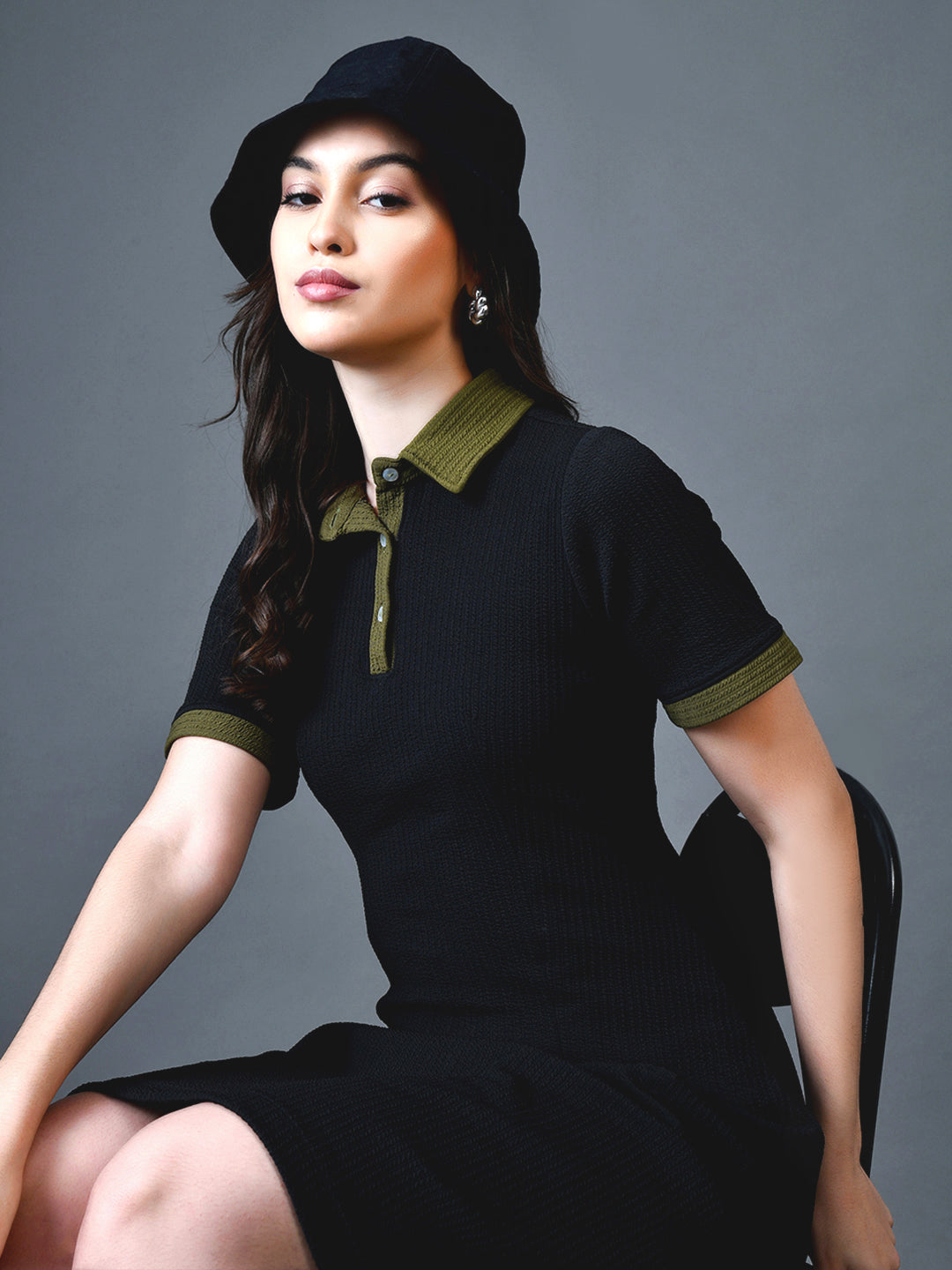 Myshka Women Black Polyester A-Line Shirt Collar Solid Above Knee Short Sleeves Dresses