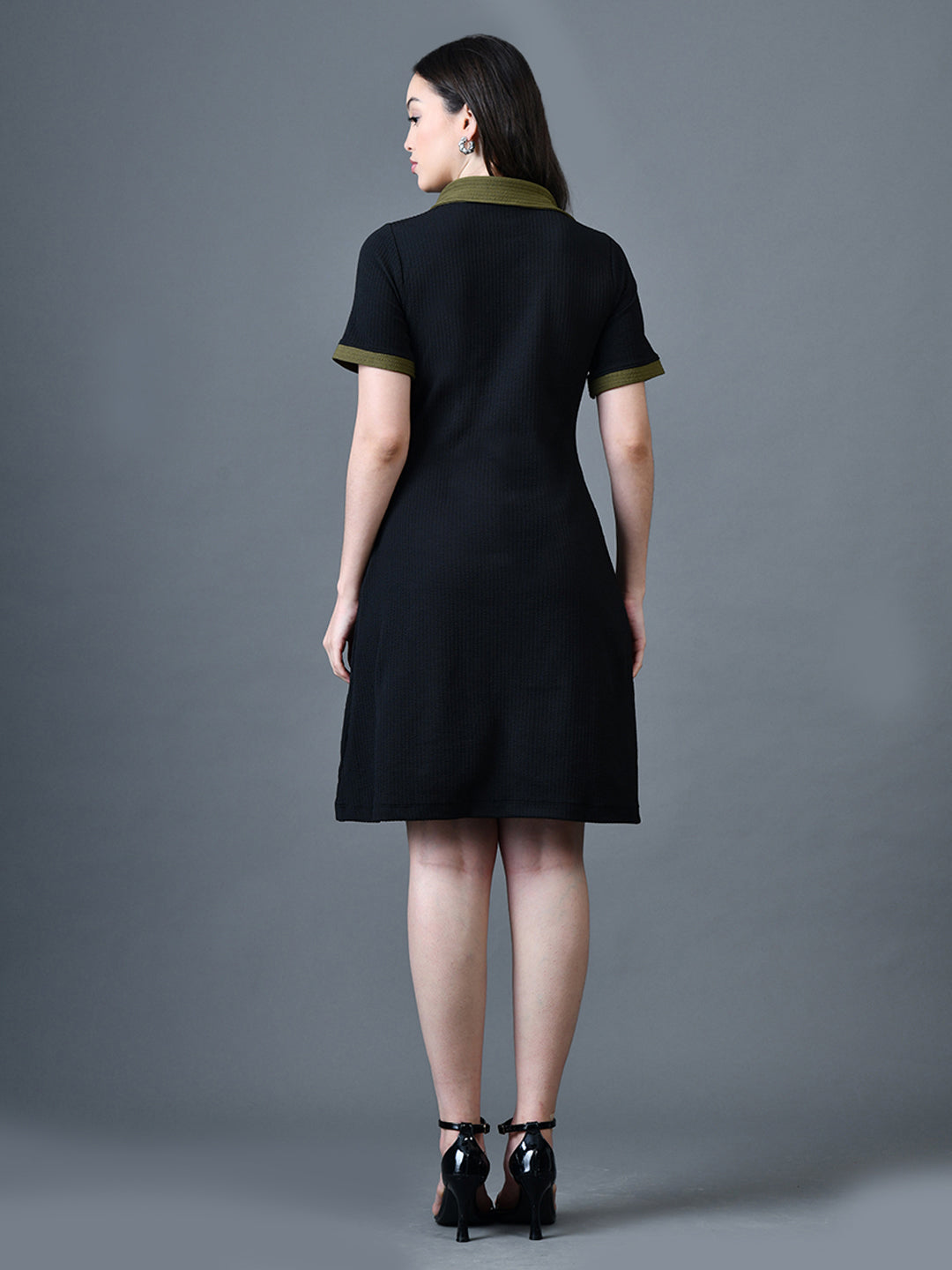 Myshka Women Black Polyester A-Line Shirt Collar Solid Above Knee Short Sleeves Dresses