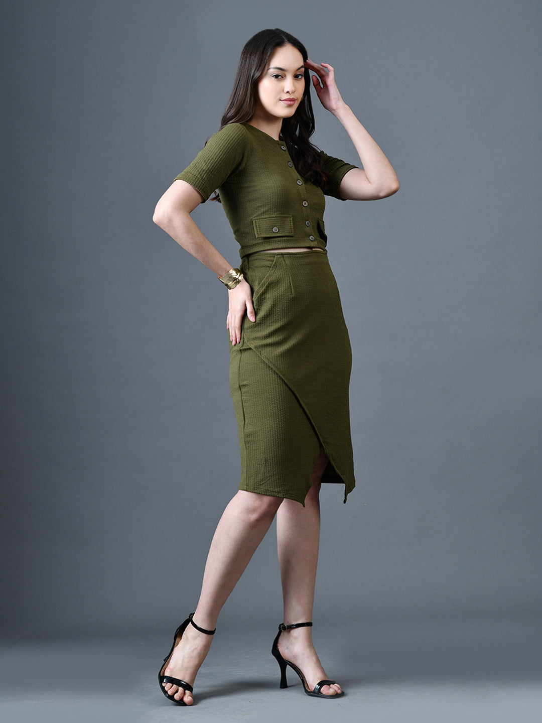 Myshka Women Olive Polyester A-Line Round Neck Solid Knee Length Short Sleeves Co-Ords 