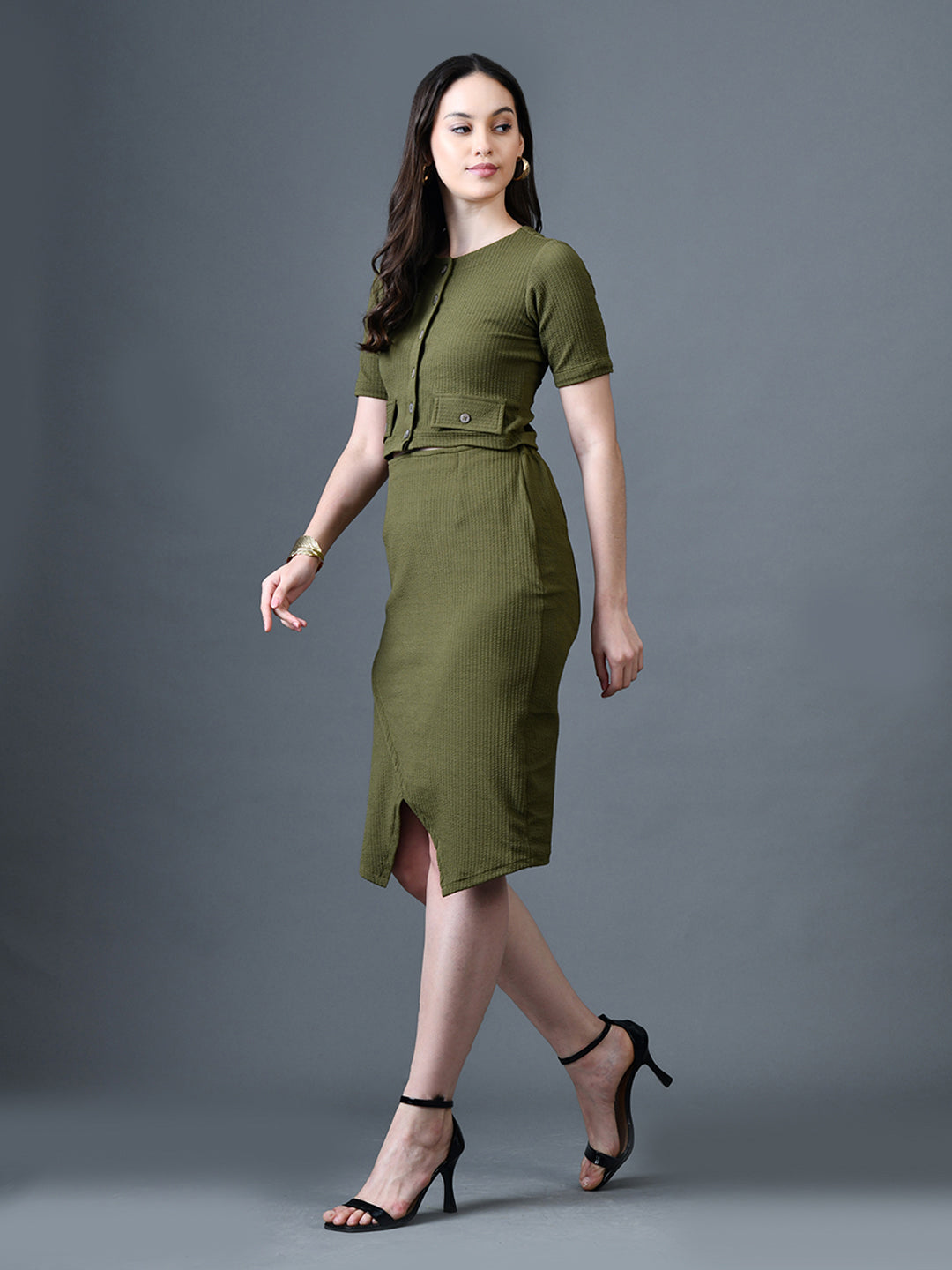 Myshka Women Olive Polyester A-Line Round Neck Solid Knee Length Short Sleeves Co-Ords 