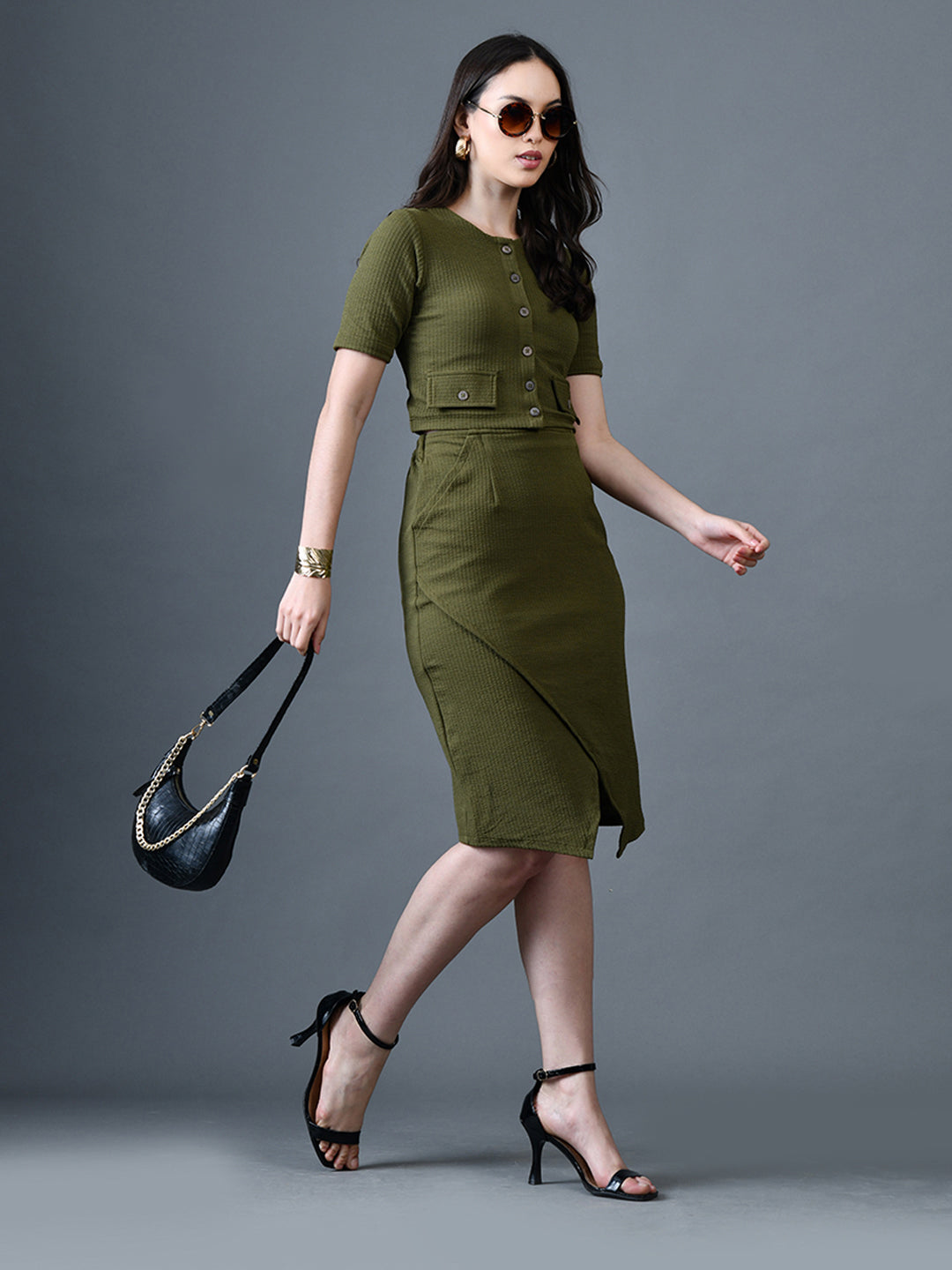 Myshka Women Olive Polyester A-Line Round Neck Solid Knee Length Short Sleeves Co-Ords 