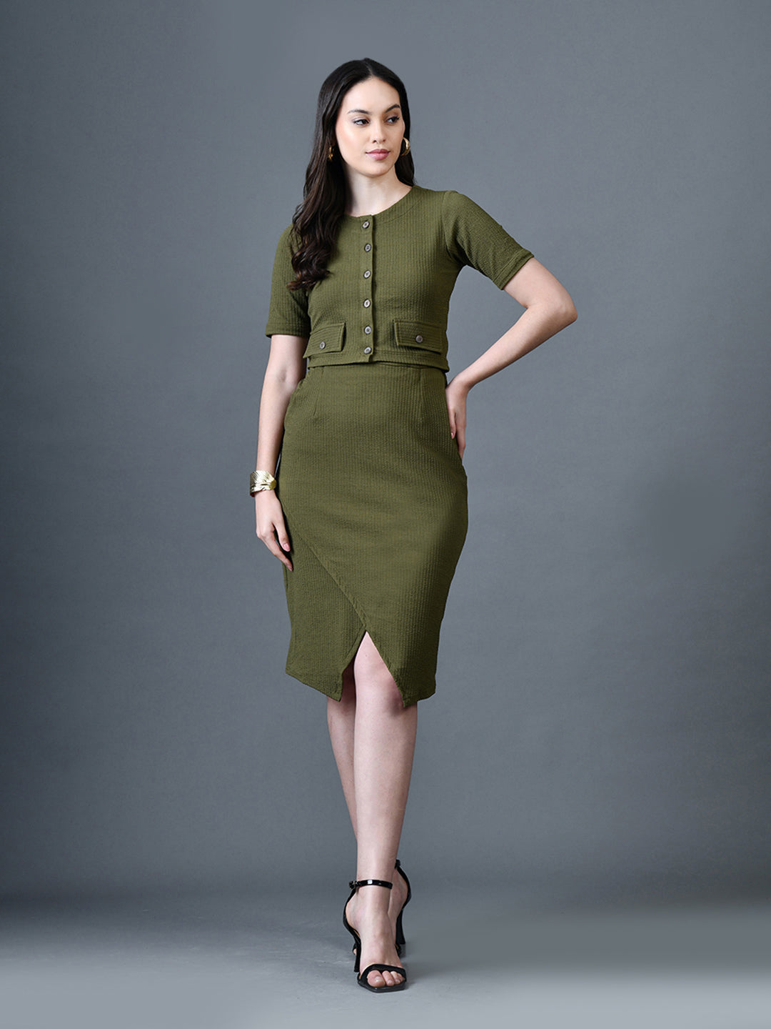 Myshka Women Olive Polyester A-Line Round Neck Solid Knee Length Short Sleeves Co-Ords 