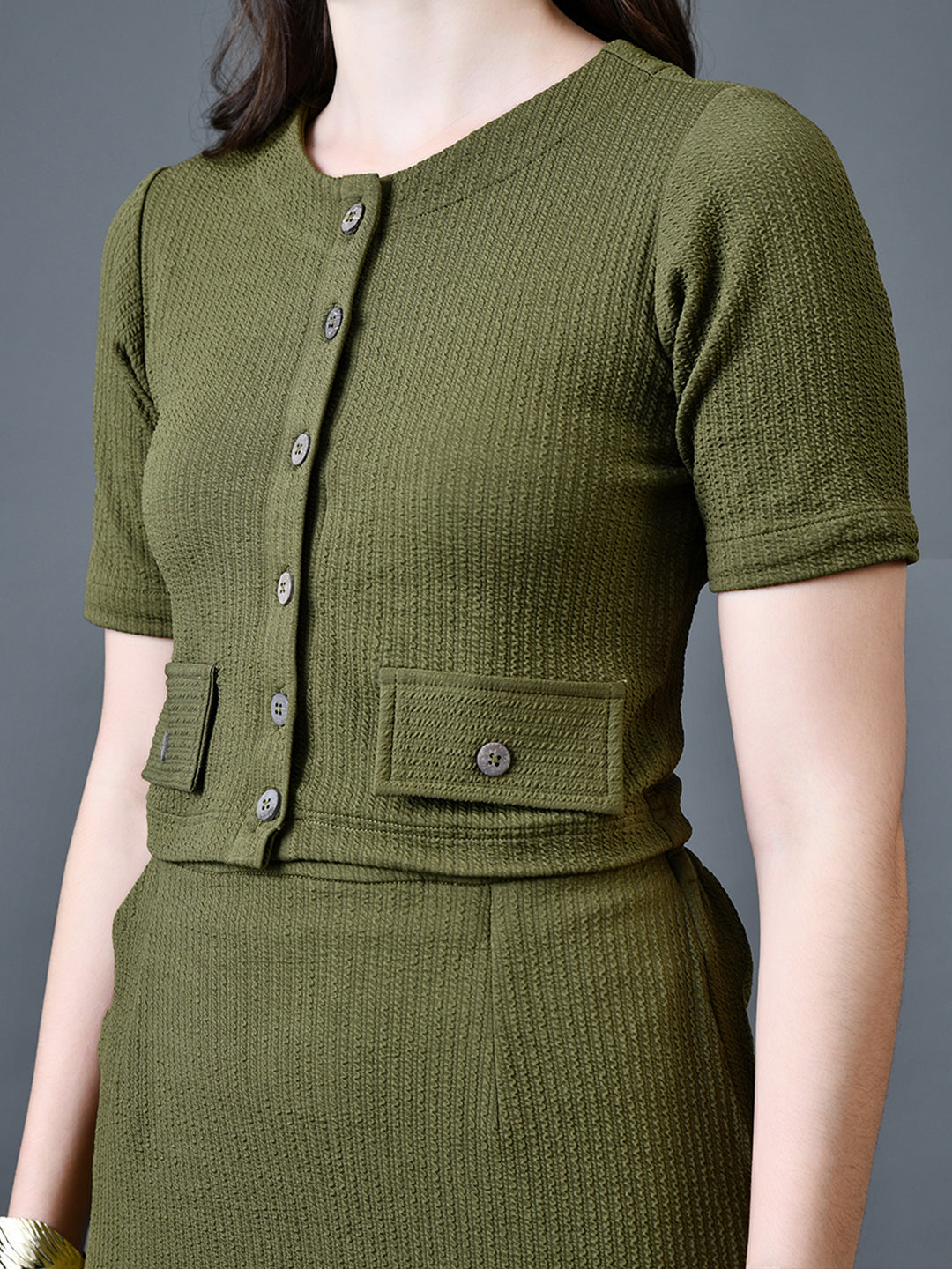 Myshka Women Olive Polyester A-Line Round Neck Solid Knee Length Short Sleeves Co-Ords 