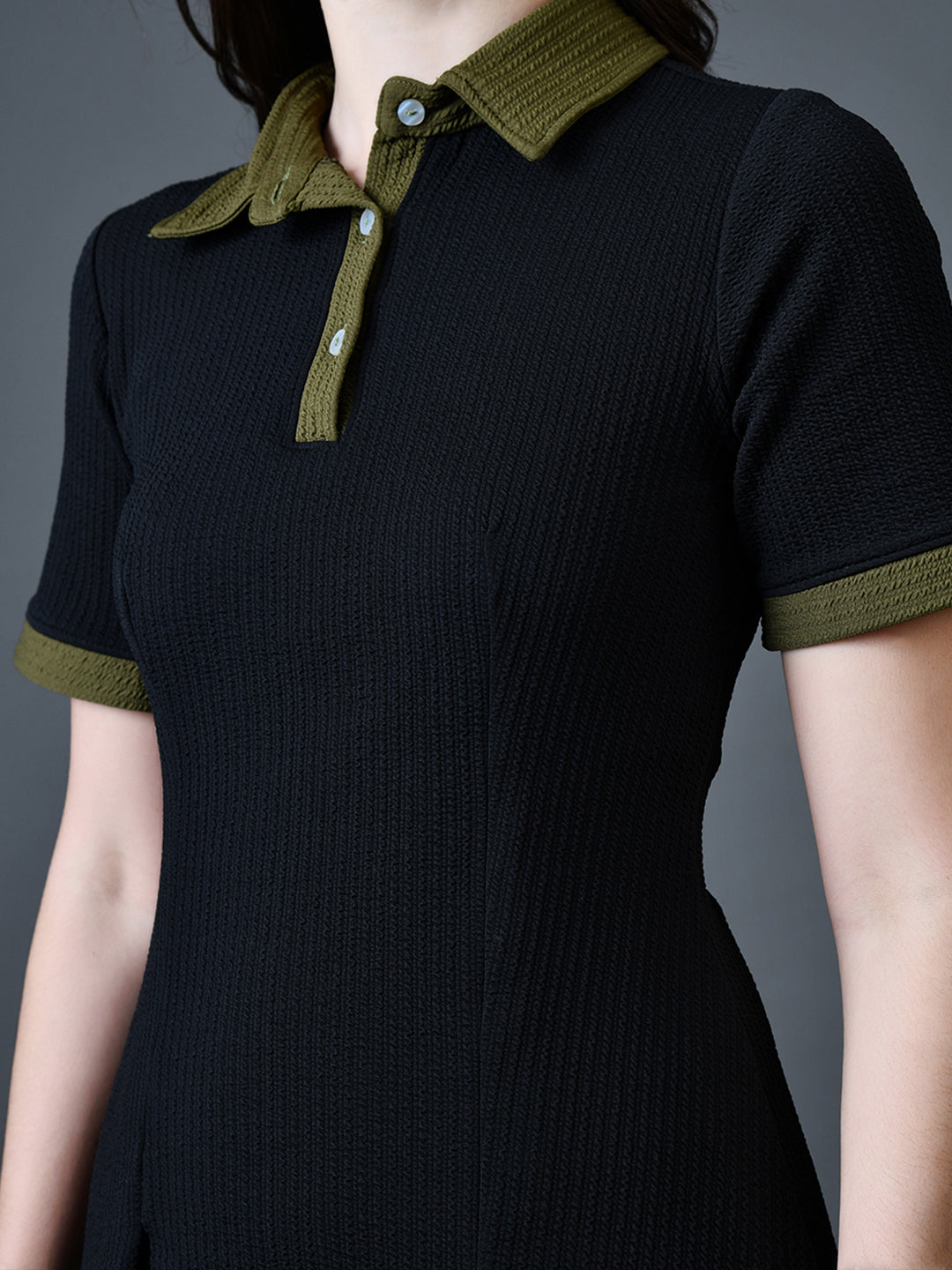 Myshka Women Black Polyester A-Line Shirt Collar Solid Above Knee Short Sleeves Dresses