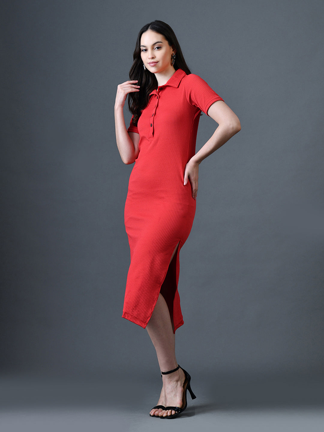 Myshka Women Red Polyester A-Line Shirt Collar Solid Knee Length Short Sleeves Dresses
