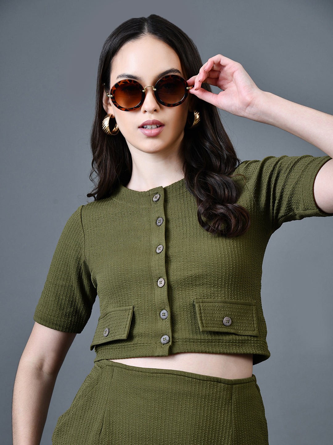 Myshka Women Olive Polyester A-Line Round Neck Solid Knee Length Short Sleeves Co-Ords 