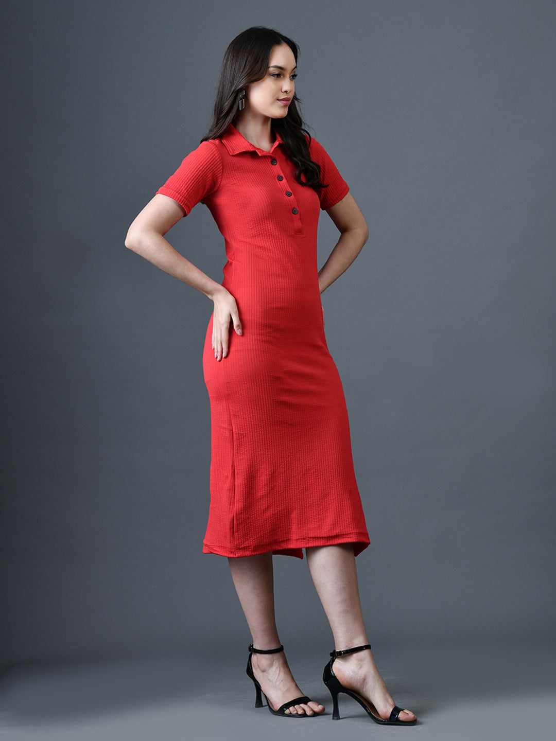Myshka Women Red Polyester A-Line Shirt Collar Solid Knee Length Short Sleeves Dresses
