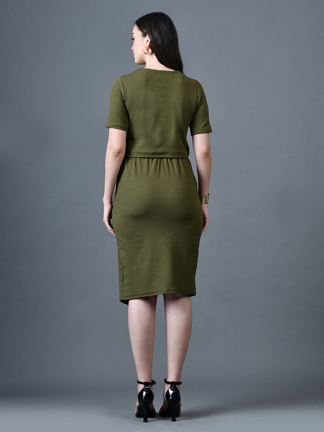 Myshka Women Olive Polyester A-Line Round Neck Solid Knee Length Short Sleeves Co-Ords 