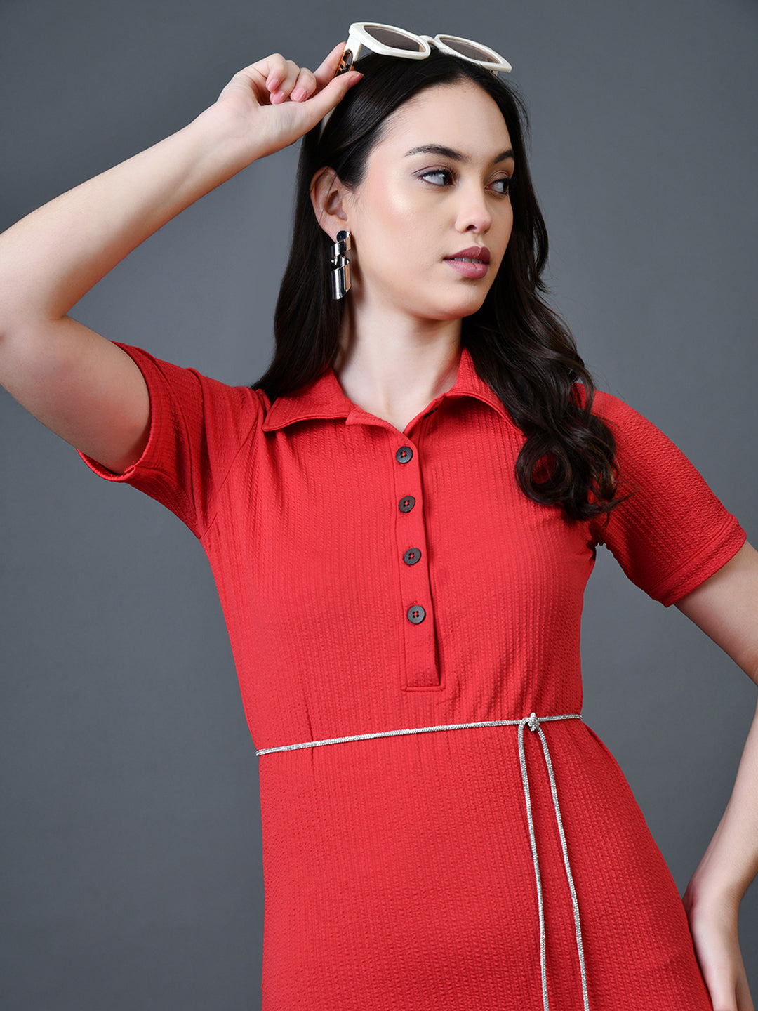 Myshka Women Red Polyester A-Line Shirt Collar Solid Knee Length Short Sleeves Dresses