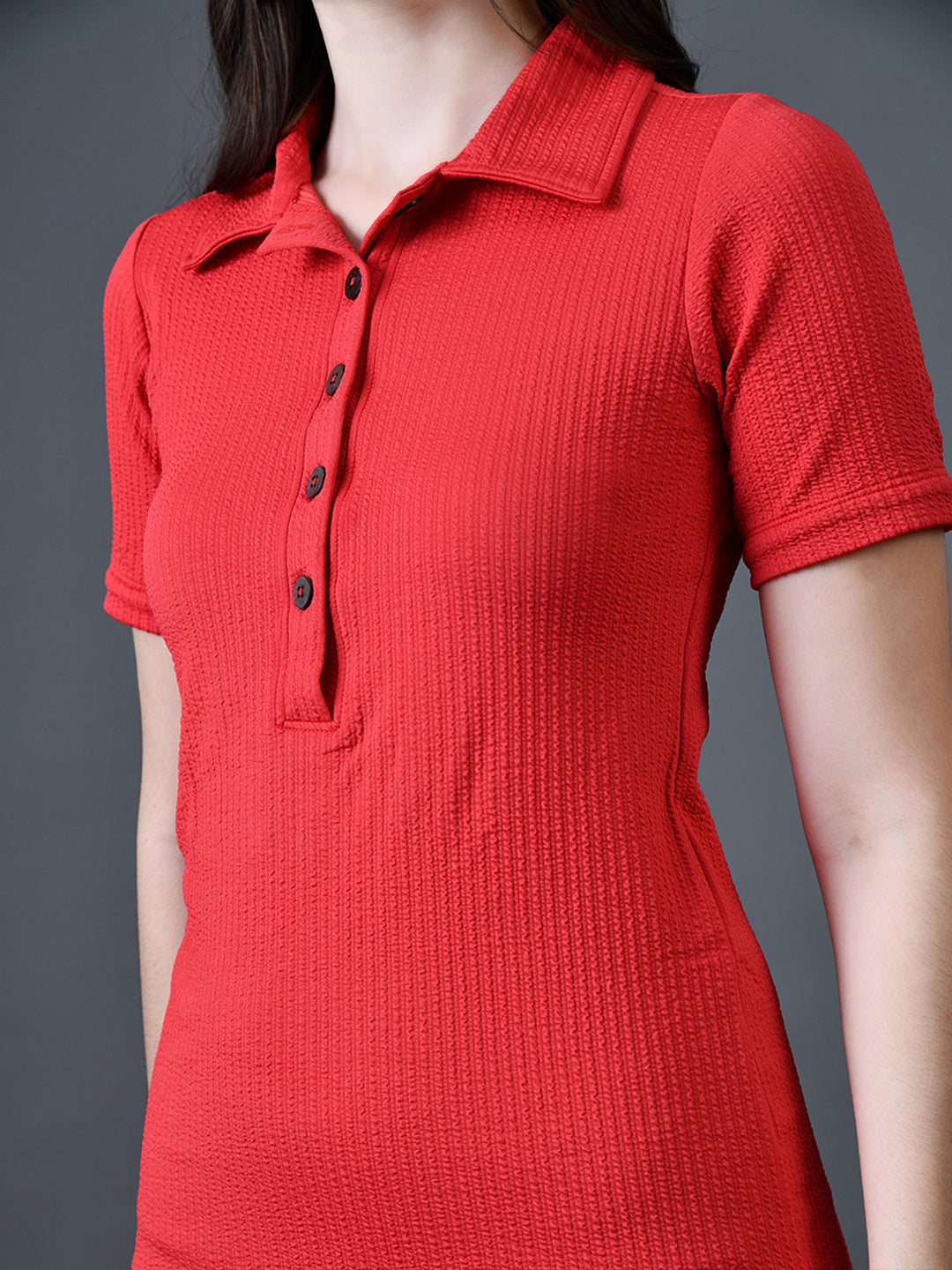Myshka Women Red Polyester A-Line Shirt Collar Solid Knee Length Short Sleeves Dresses
