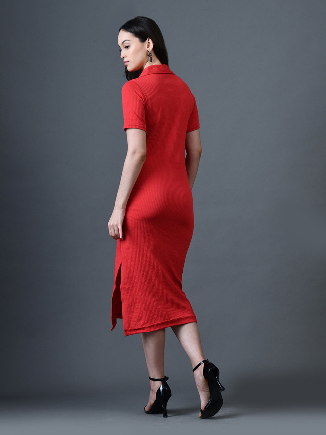 Myshka Women Red Polyester A-Line Shirt Collar Solid Knee Length Short Sleeves Dresses