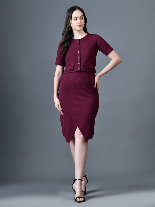 Myshka Women Magenta Polyester A-Line Round Neck Solid Knee Length Short Sleeves Co-Ords 