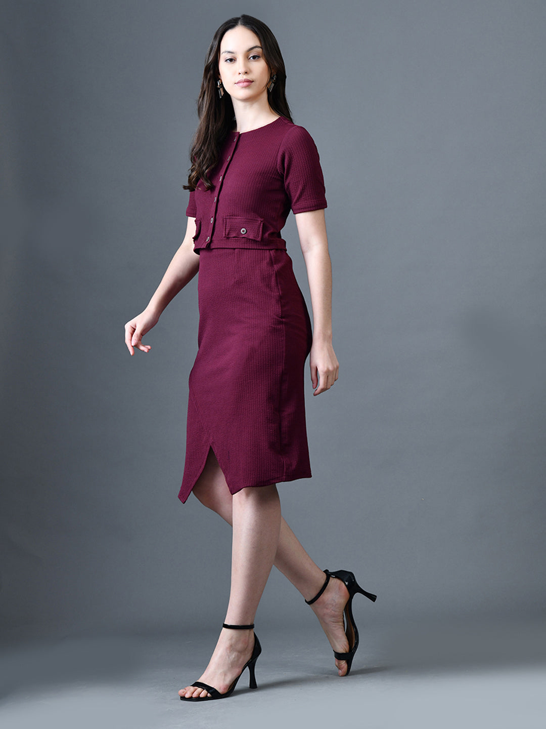 Myshka Women Magenta Polyester A-Line Round Neck Solid Knee Length Short Sleeves Co-Ords 