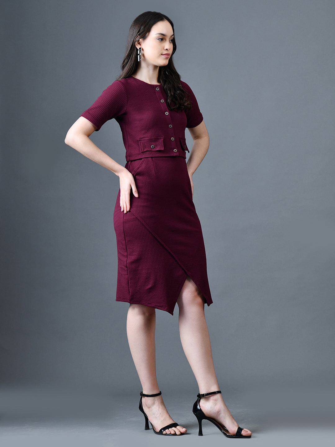Myshka Women Magenta Polyester A-Line Round Neck Solid Knee Length Short Sleeves Co-Ords 