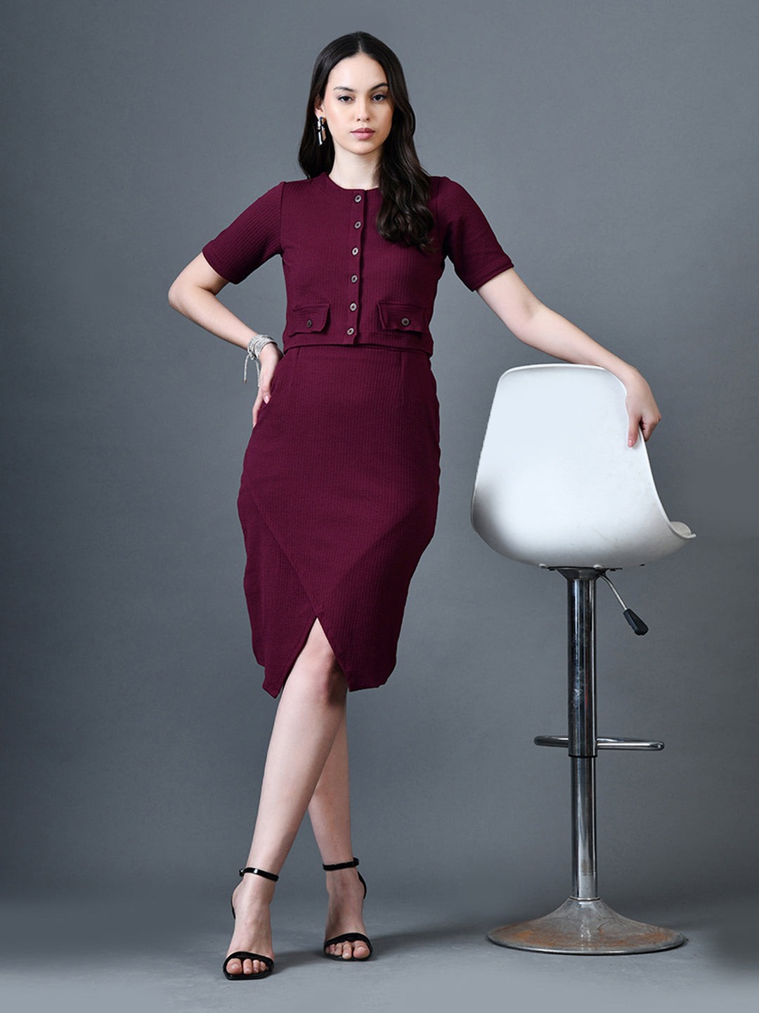 Myshka Women Magenta Polyester A-Line Round Neck Solid Knee Length Short Sleeves Co-Ords 