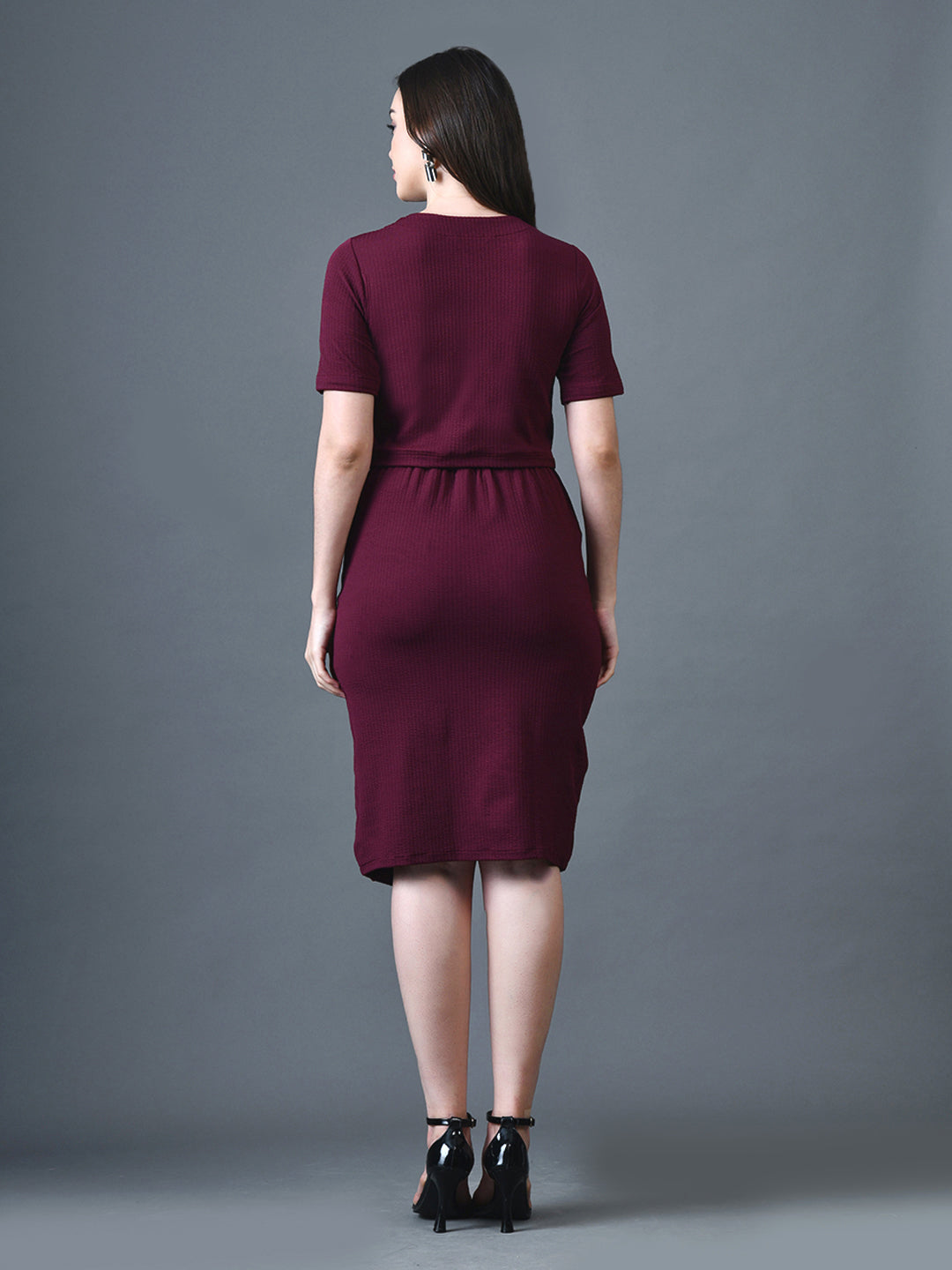 Myshka Women Magenta Polyester A-Line Round Neck Solid Knee Length Short Sleeves Co-Ords 