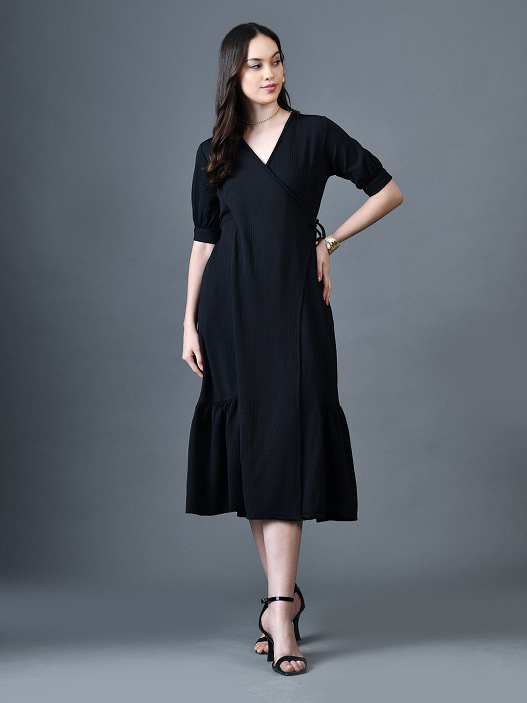 Myshka Women Black Polyester A-Line V-Neck Solid Knee Length Short Sleeves Dresses