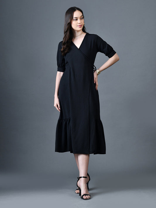 Myshka Women Black Polyester A-Line V-Neck Solid Knee Length Short Sleeves Dresses