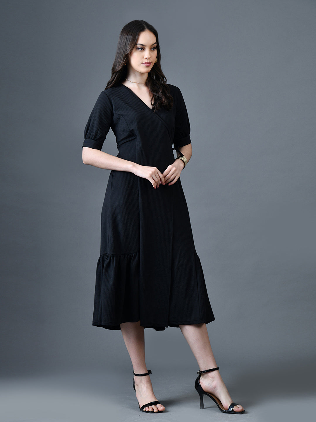 Myshka Women Black Polyester A-Line V-Neck Solid Knee Length Short Sleeves Dresses