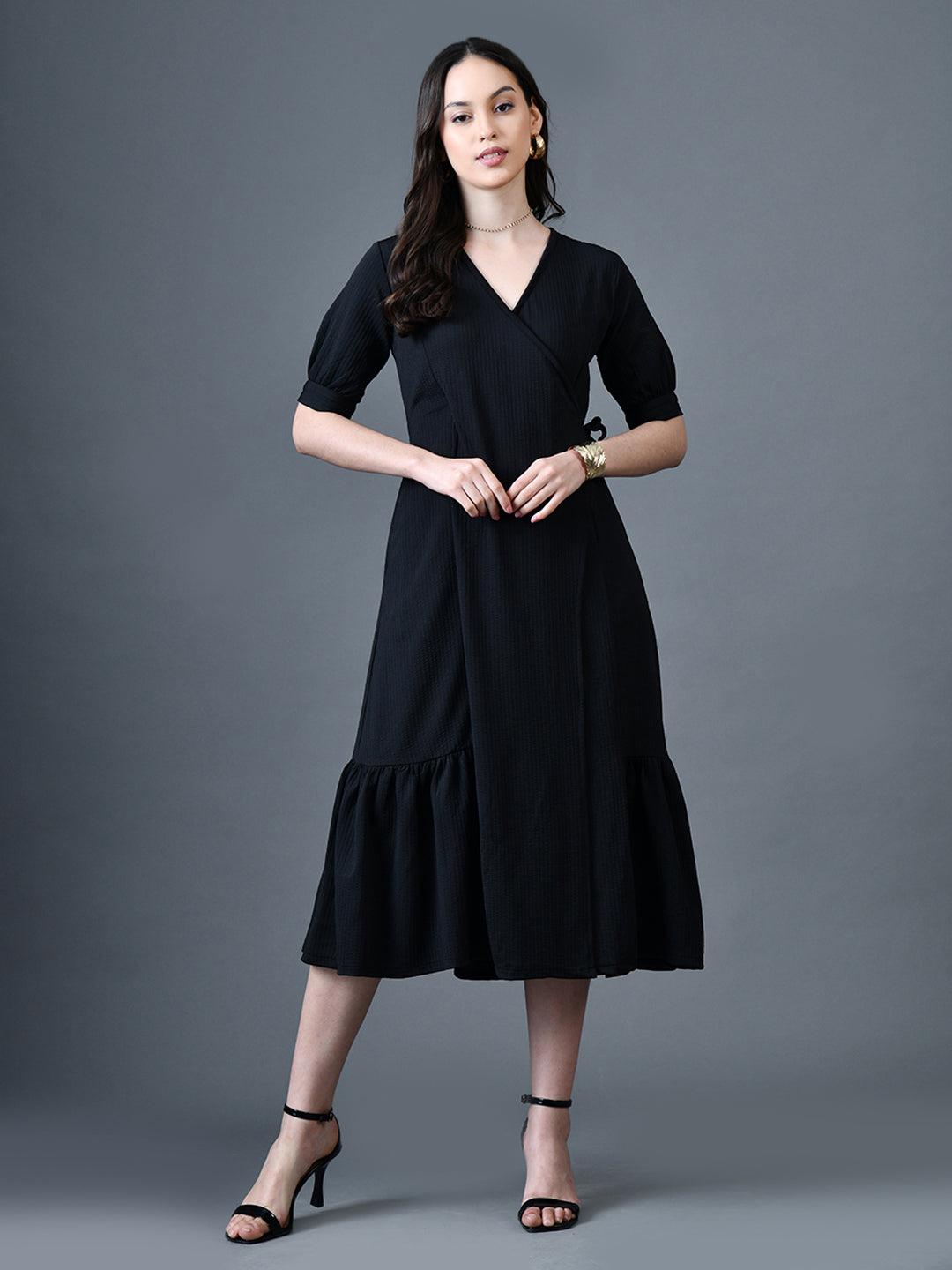 Myshka Women Black Polyester A-Line V-Neck Solid Knee Length Short Sleeves Dresses