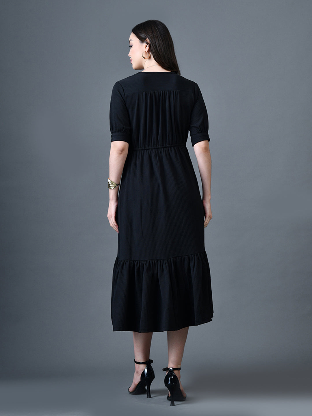 Myshka Women Black Polyester A-Line V-Neck Solid Knee Length Short Sleeves Dresses