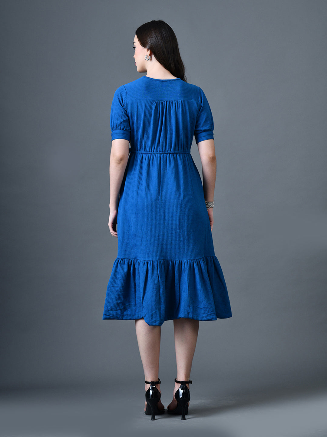 Myshka Women Blue Polyester A-Line V-Neck Solid Knee Length Short Sleeves Dresses