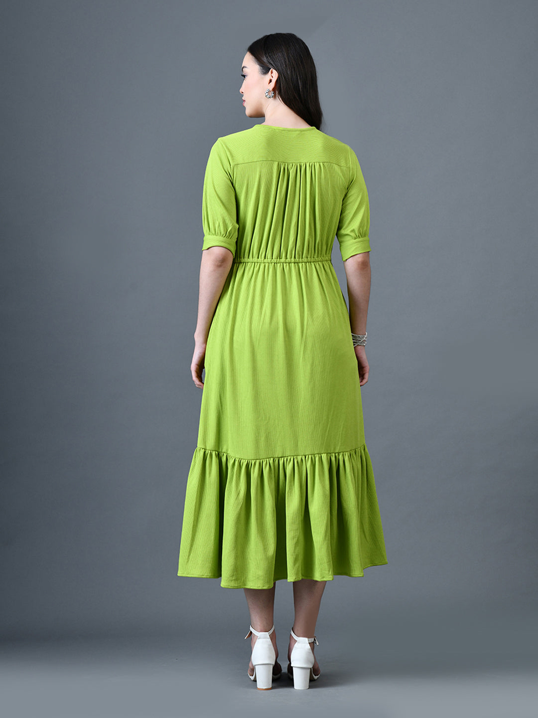Myshka Women Sea Green Polyester A-Line V-Neck Solid Knee Length Short Sleeves Dresses