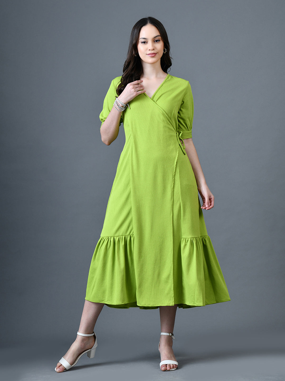 Myshka Women Sea Green Polyester A-Line V-Neck Solid Knee Length Short Sleeves Dresses