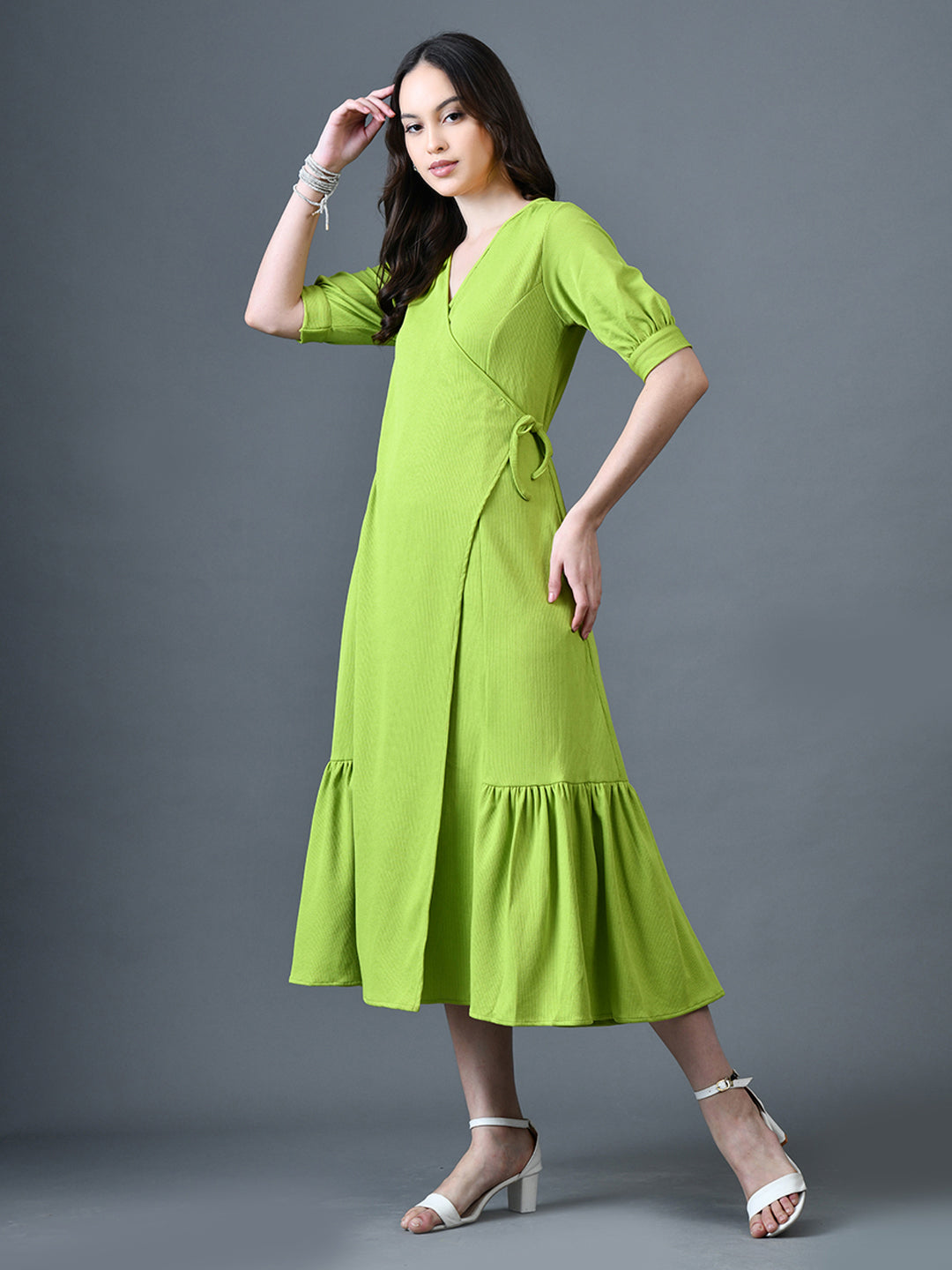 Myshka Women Sea Green Polyester A-Line V-Neck Solid Knee Length Short Sleeves Dresses