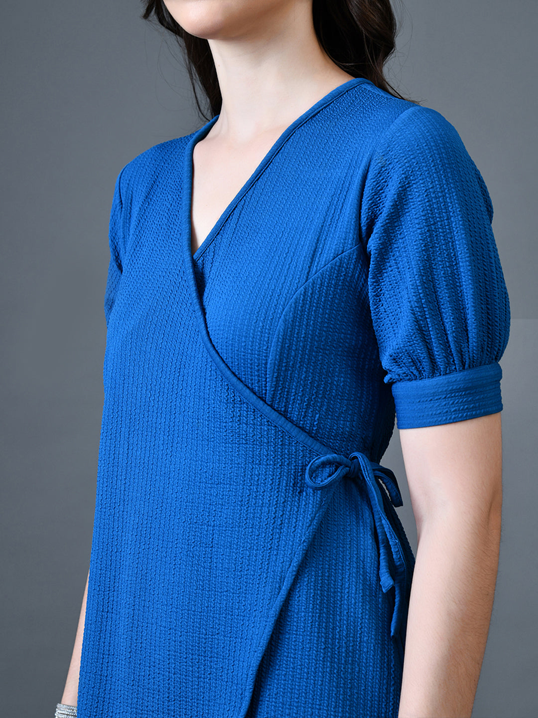 Myshka Women Blue Polyester A-Line V-Neck Solid Knee Length Short Sleeves Dresses