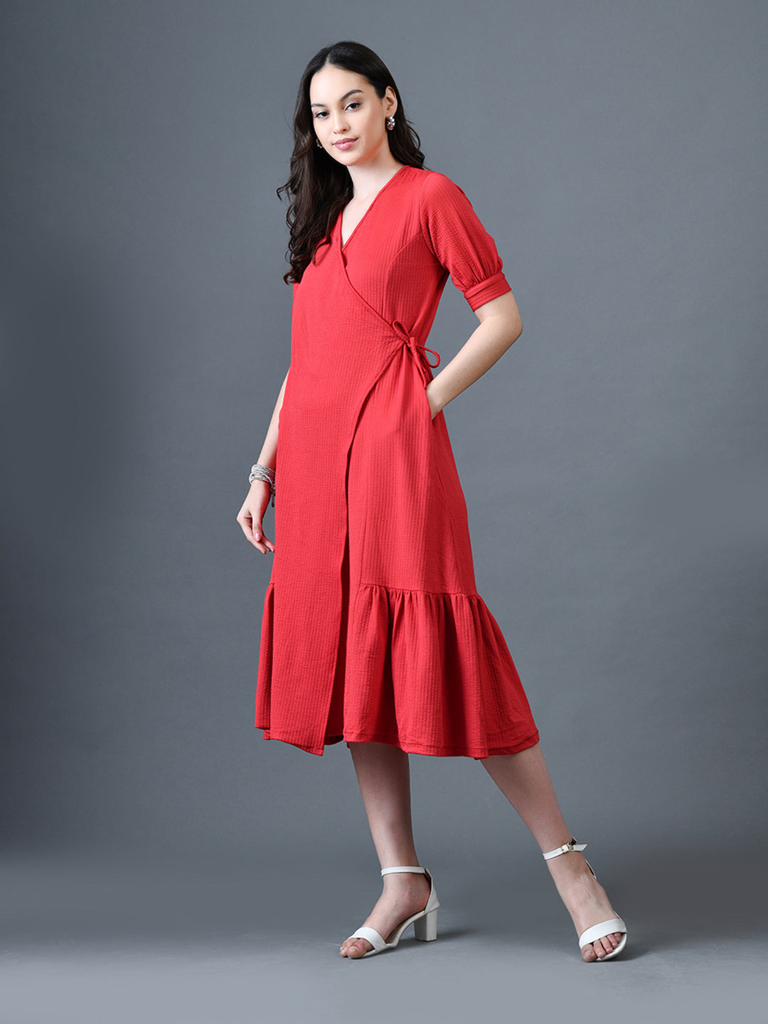 Myshka Women Red Polyester A-Line V-Neck Solid Knee Length Short Sleeves Dresses