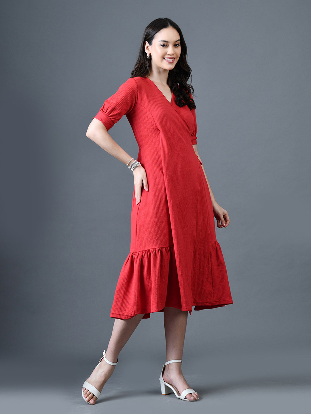 Myshka Women Red Polyester A-Line V-Neck Solid Knee Length Short Sleeves Dresses