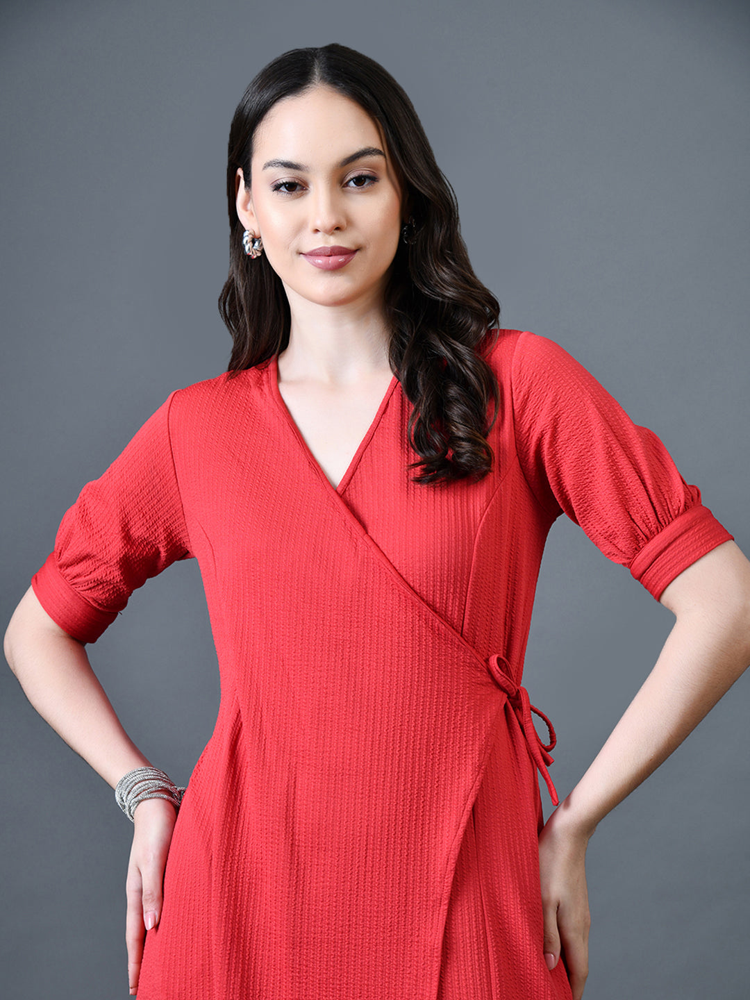 Myshka Women Red Polyester A-Line V-Neck Solid Knee Length Short Sleeves Dresses