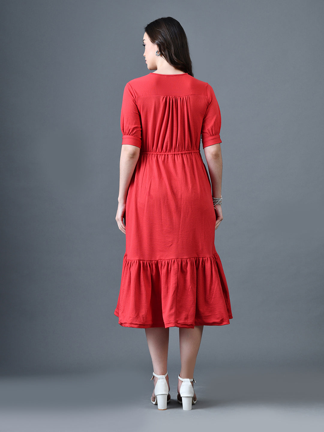 Myshka Women Red Polyester A-Line V-Neck Solid Knee Length Short Sleeves Dresses