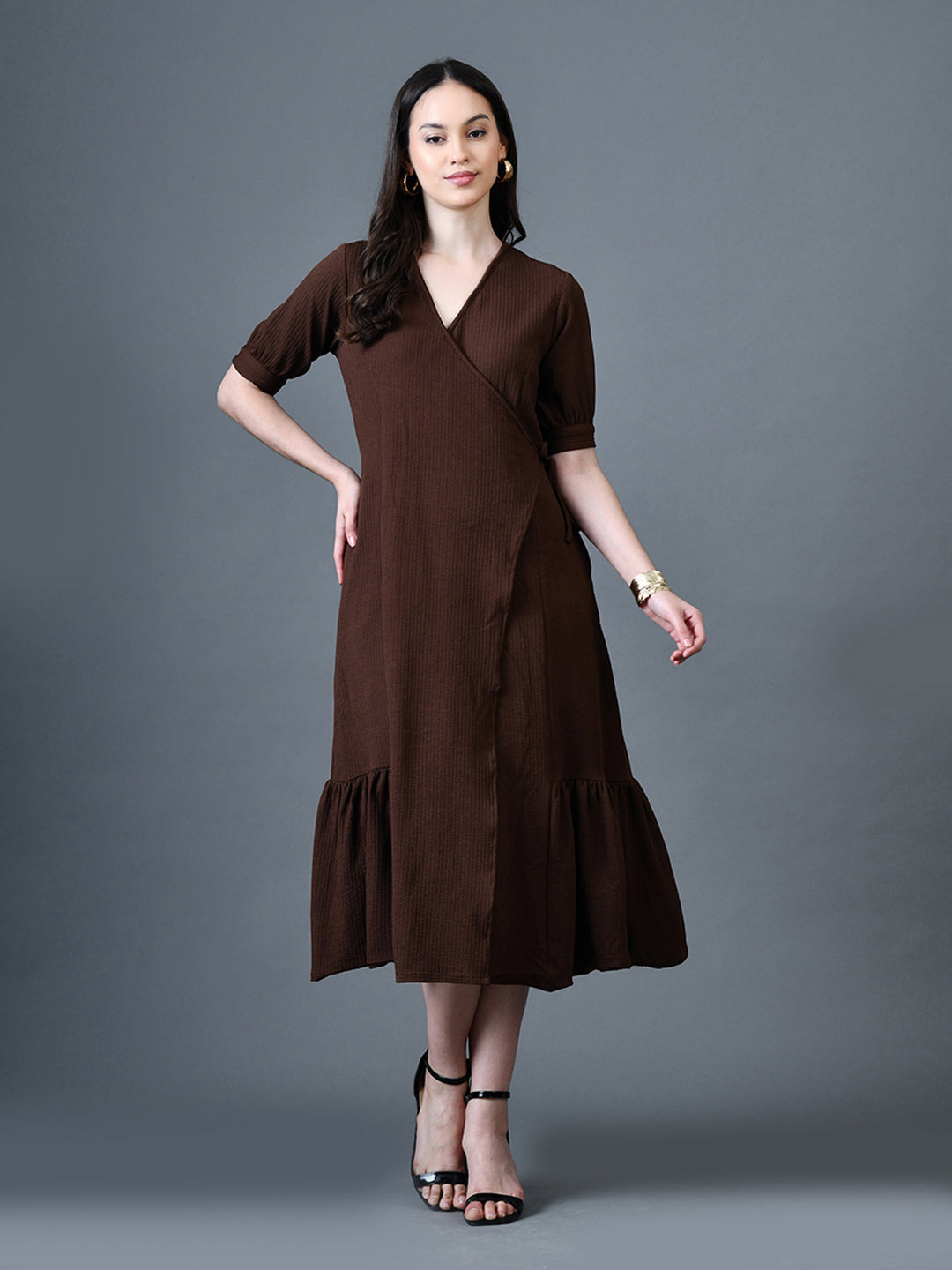 Myshka Women Brown Polyester A-Line V-Neck Solid Knee Length Short Sleeves Dresses