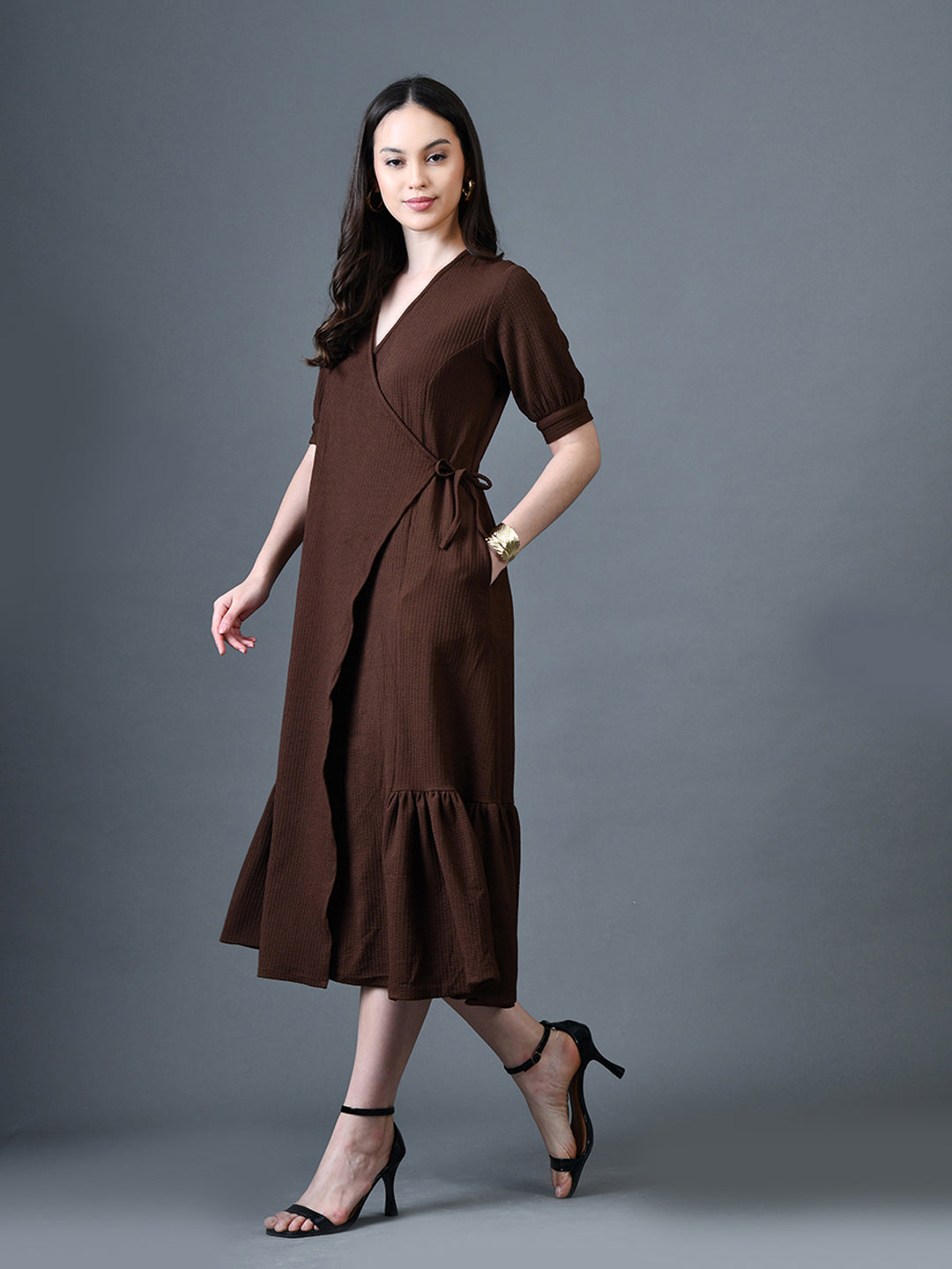 Myshka Women Brown Polyester A-Line V-Neck Solid Knee Length Short Sleeves Dresses