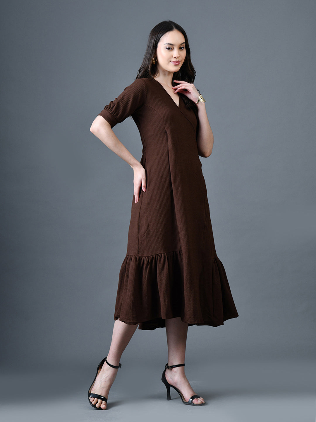Myshka Women Brown Polyester A-Line V-Neck Solid Knee Length Short Sleeves Dresses