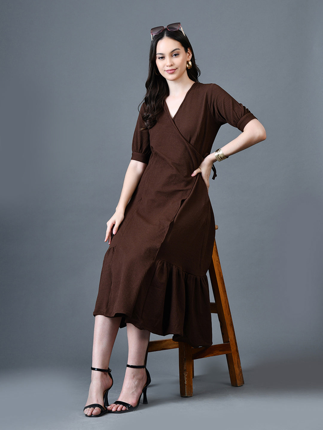 Myshka Women Brown Polyester A-Line V-Neck Solid Knee Length Short Sleeves Dresses