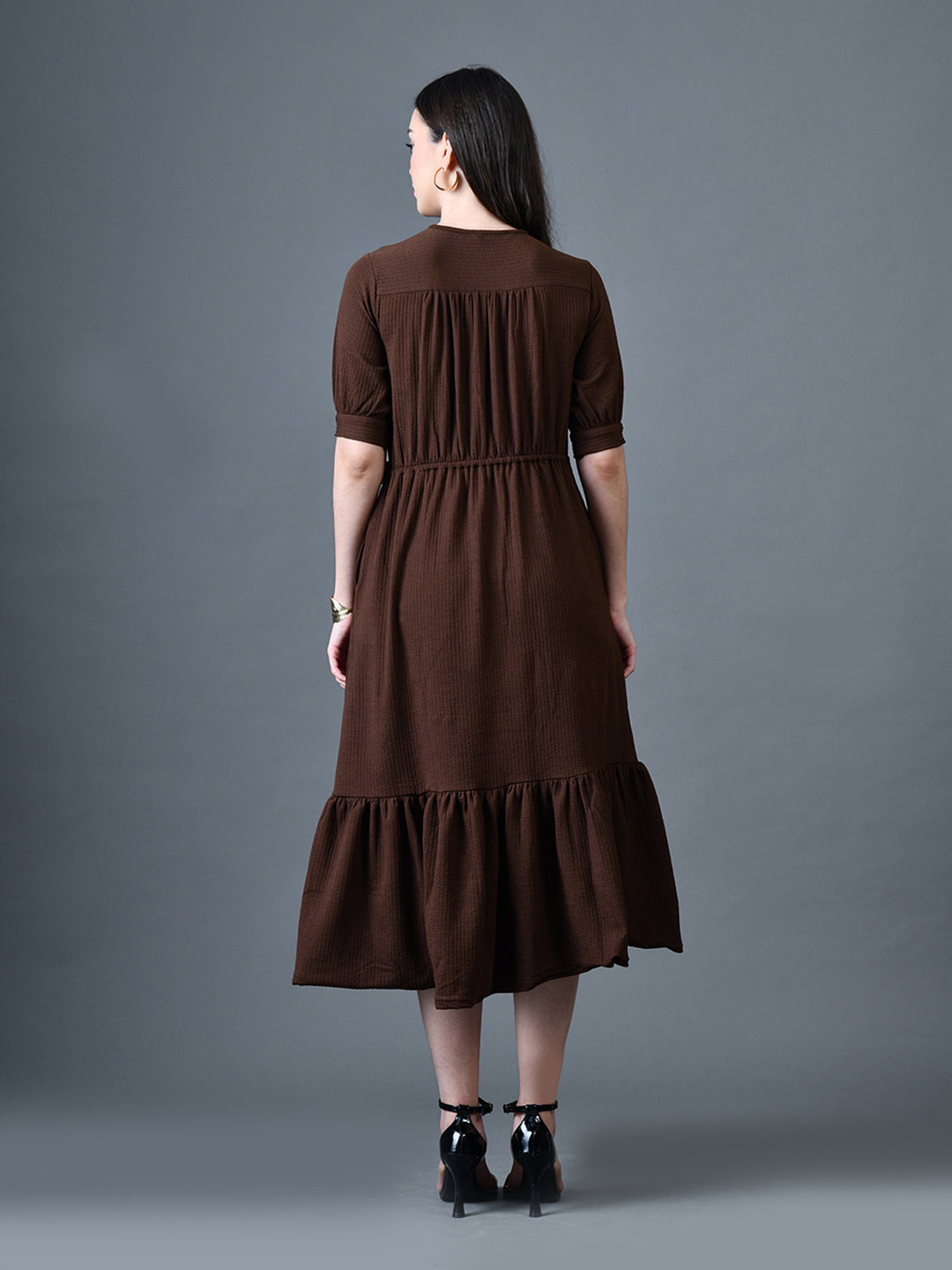 Myshka Women Brown Polyester A-Line V-Neck Solid Knee Length Short Sleeves Dresses