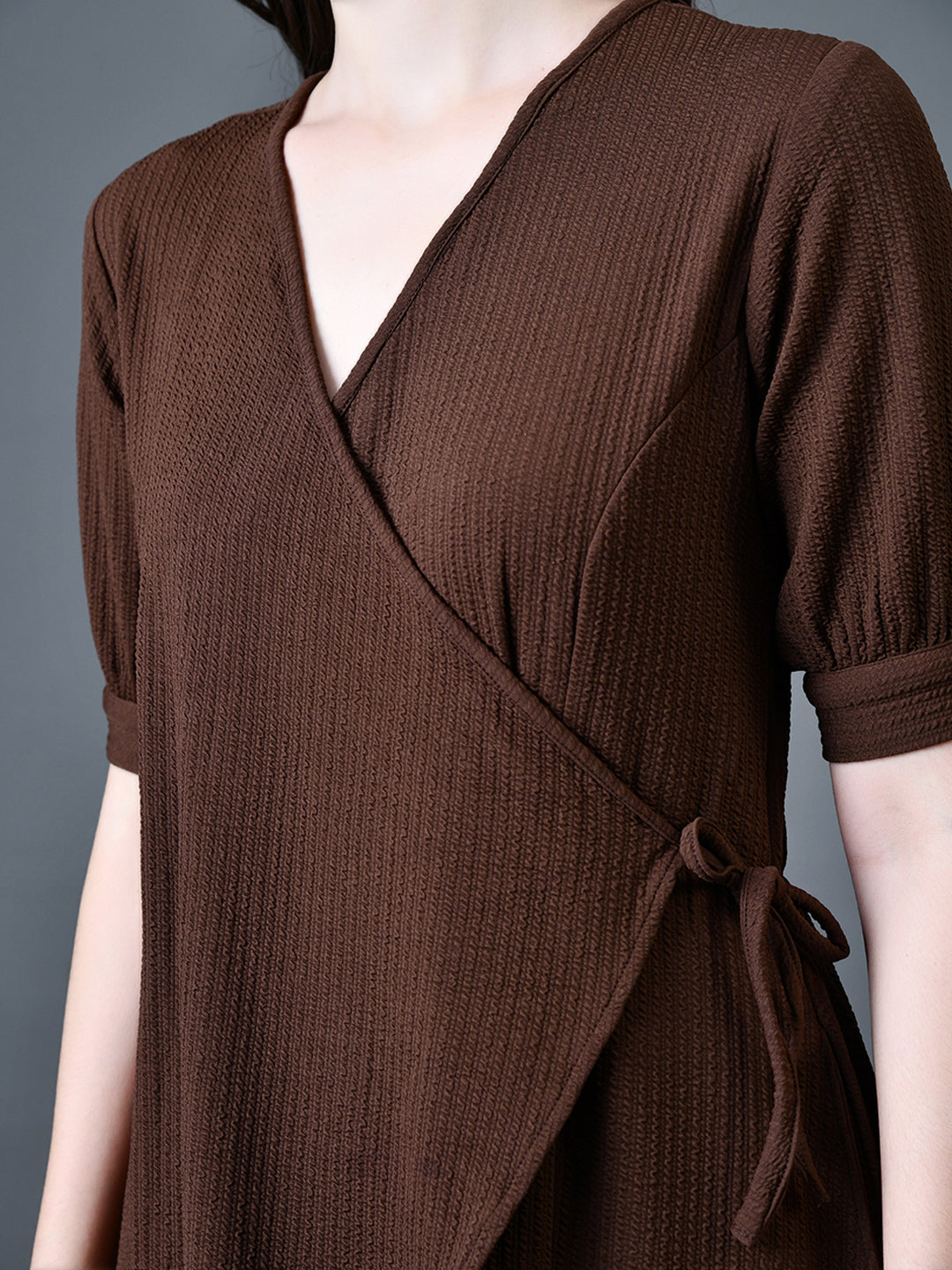 Myshka Women Brown Polyester A-Line V-Neck Solid Knee Length Short Sleeves Dresses