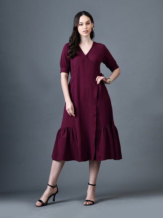 Myshka Women Magenta Polyester A-Line V-Neck Solid Knee Length Short Sleeves Dresses