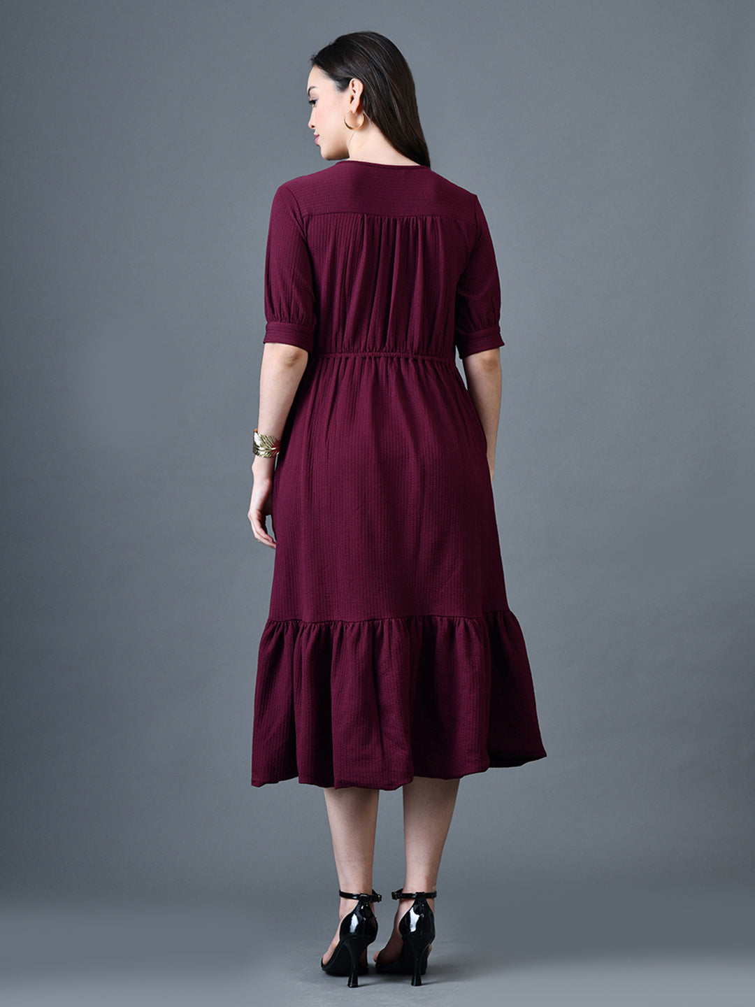 Myshka Women Magenta Polyester A-Line V-Neck Solid Knee Length Short Sleeves Dresses