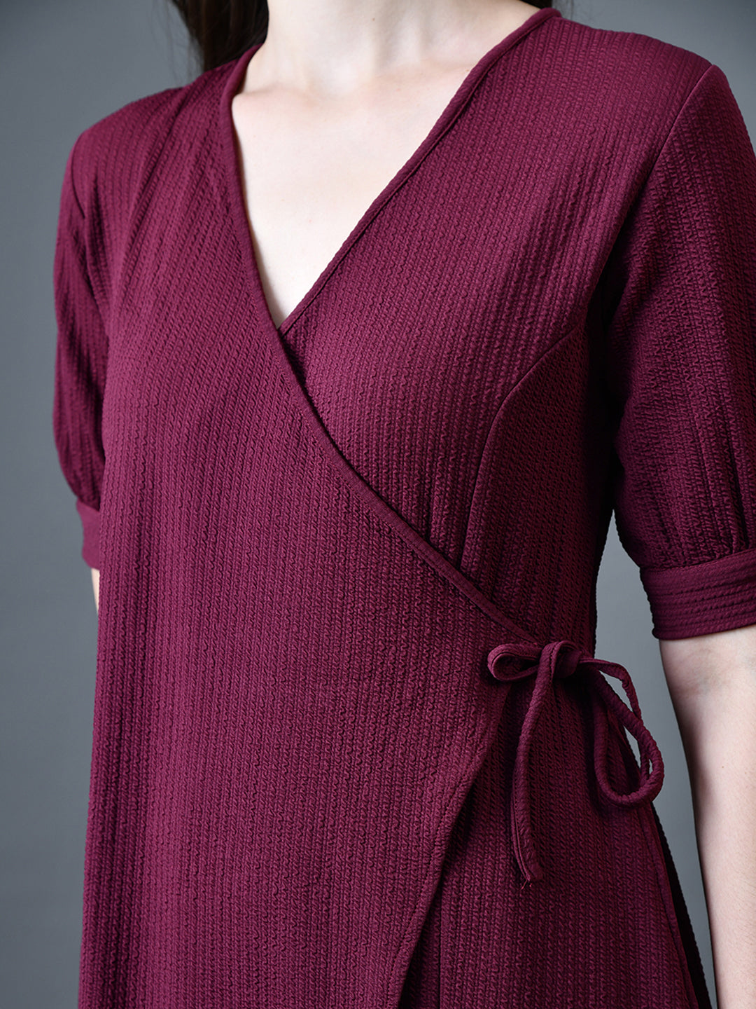 Myshka Women Magenta Polyester A-Line V-Neck Solid Knee Length Short Sleeves Dresses