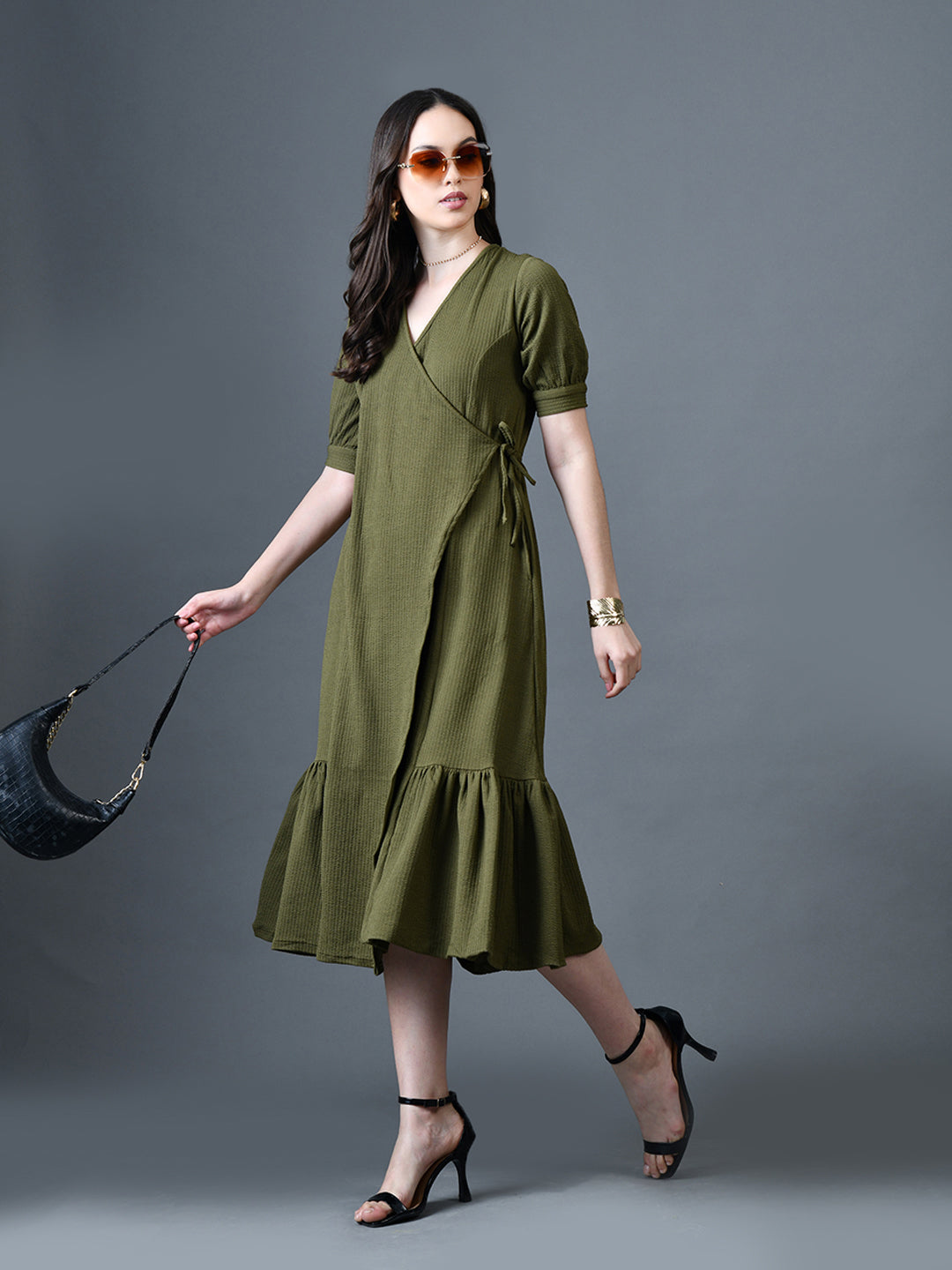 Myshka Women Olive Polyester A-Line V-Neck Solid Knee Length Short Sleeves Dresses