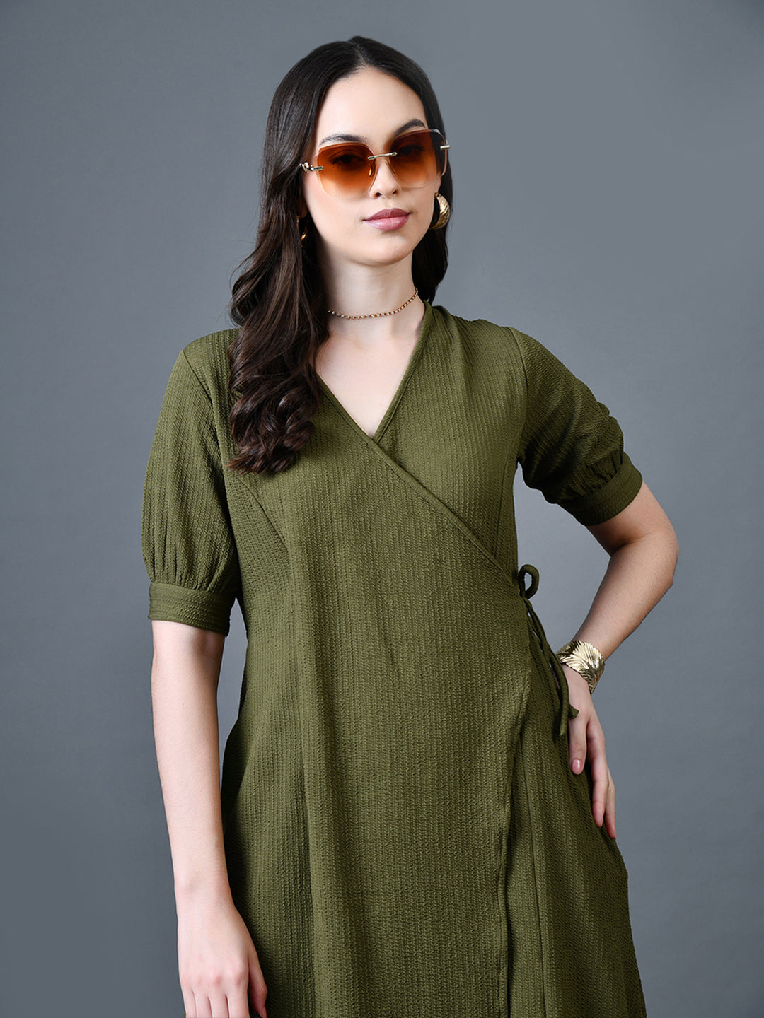 Myshka Women Olive Polyester A-Line V-Neck Solid Knee Length Short Sleeves Dresses